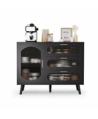 homfan Buffet Cabinet with Fluted Glass Door, 3 Drawers and Adjustable Shelves, Sideboard Storage for Kitchen, Dining Room and Living Room