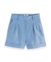 Scotch & Soda Women's and High Rise Linen Printed Shorts, Blue White Pin Stripe, XLarge