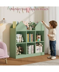 homfan Kids Castle Cube Toy Storage Organizer, Wooden 6 Cubby Bookshelf with Anti Tip Device for Playroom or Bedroom