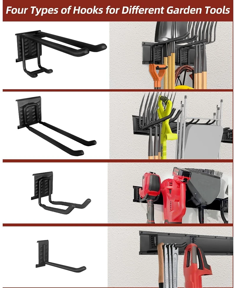 Xdovet Wall mounted tool storage rack with hooks suitable for gardening tools ladders and shovels