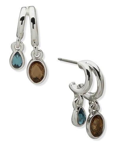 Anne Klein Silver-Tone 2 Row Blue Huggie Stone Drop Earrings