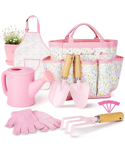 Xdovet Gardening Tools Kit Wooden Rake Shovels Gloves Watering Can Apron Tote Bag Kids Outdoor