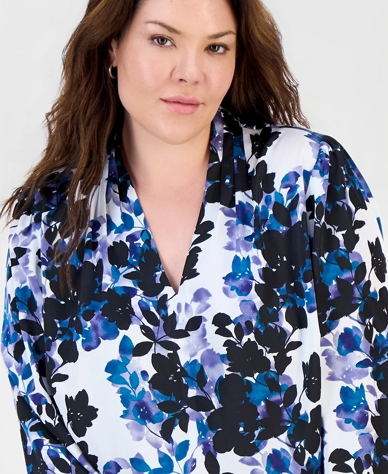 Kasper Plus Printed V-Neck Blouson-Sleeve Blouse