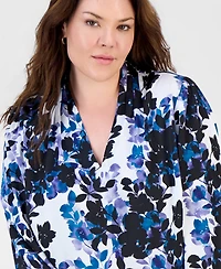 Kasper Plus Printed V-Neck Blouson-Sleeve Blouse