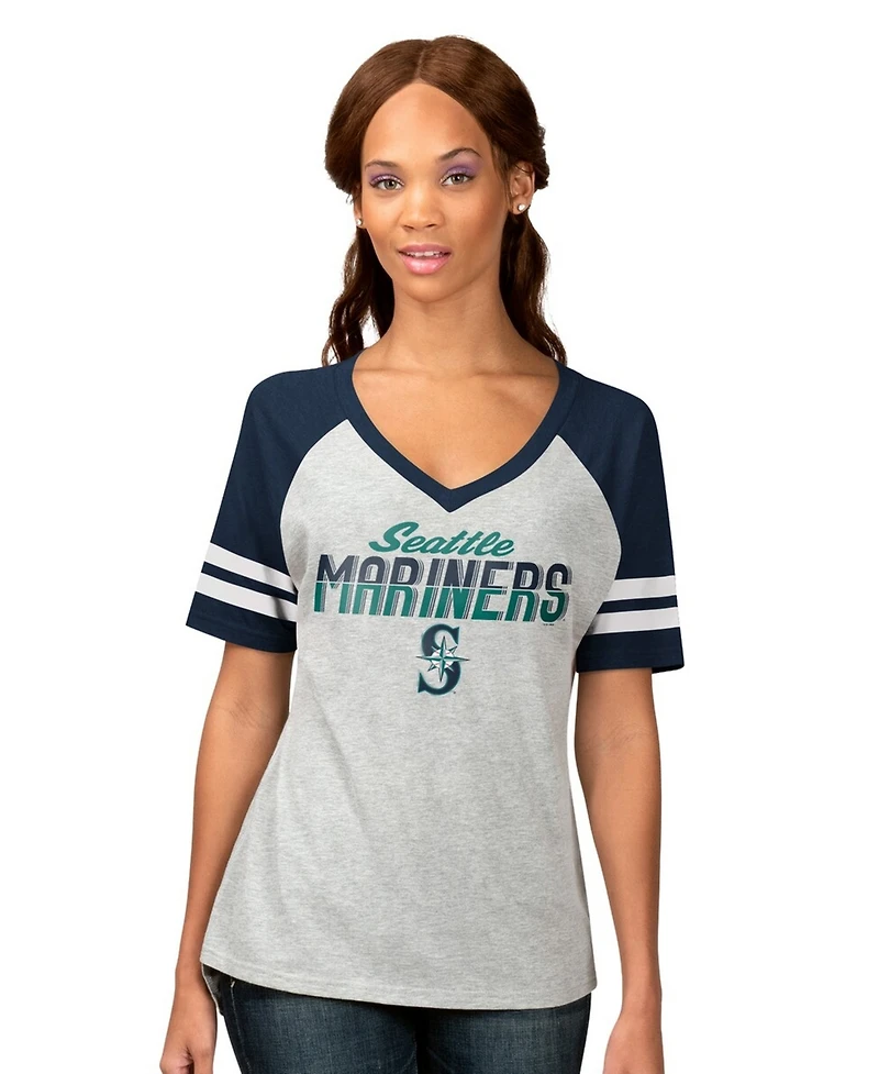 G-iii 4Her by Carl Banks Women's Heather Gray Seattle Mariners Goal Line Raglan V-Neck T-Shirt