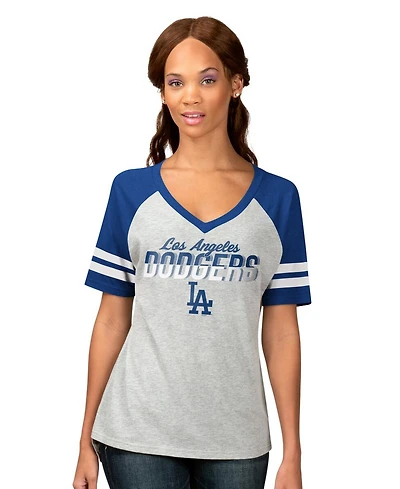 G-iii 4Her by Carl Banks Women's Heather Gray Los Angeles Dodgers Goal Line Raglan V-Neck T-Shirt