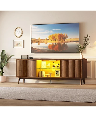 gaomon Tv Stands for Living Room, 63" Mid Century Modern Entertainment Center with Storage and Led Lights, Tv Console for Tv up to 75 inch with Power