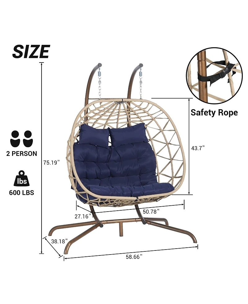 Asagikoiai 2 Person Rattan Hanging Egg Chair with Stand, Double Outdoor Swing