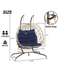 Asagikoiai 2 Person Rattan Hanging Egg Chair with Stand, Double Outdoor Swing