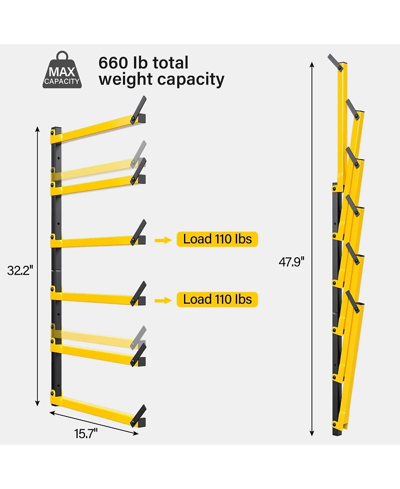 Xdovet Lumber Rack Folding Wall-Mounted Metal 6-Level Heavy Duty Garage Organizer Wood Storage Indoor Outdoor