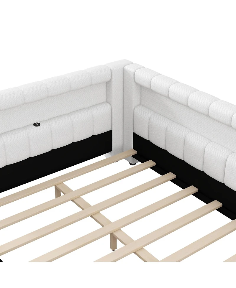 Streamdale Furniture Upholstered Platform Bed with Usb Ports and Led Belt Cream