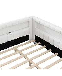 Streamdale Furniture Upholstered Platform Bed with Usb Ports and Led Belt Cream