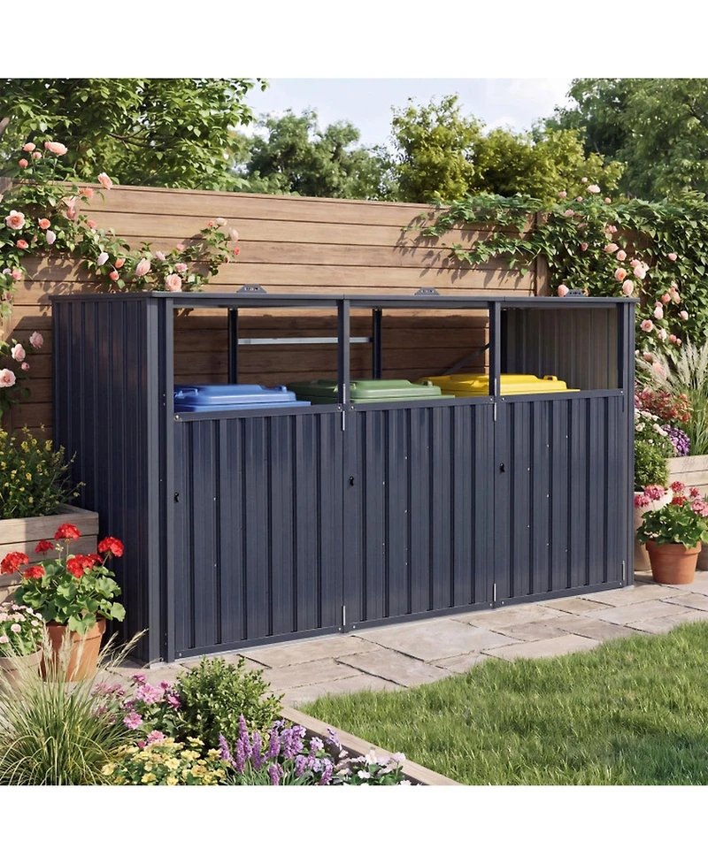 Sugift 3-Bin Metal Trash Can Storage Shed with Flip-Up Lids 94in x 31.5in x 49in