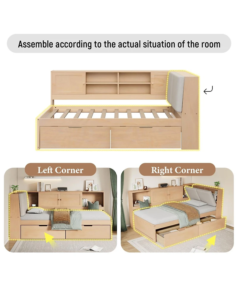 Streamdale Furniture Wooden L-Shaped Twin Daybed with Storage Bookcase and Usb Ports