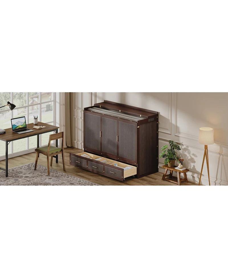 Streamdale Furniture Multifunctional Queen Murphy Bed Cabinet with Usb Charging Station