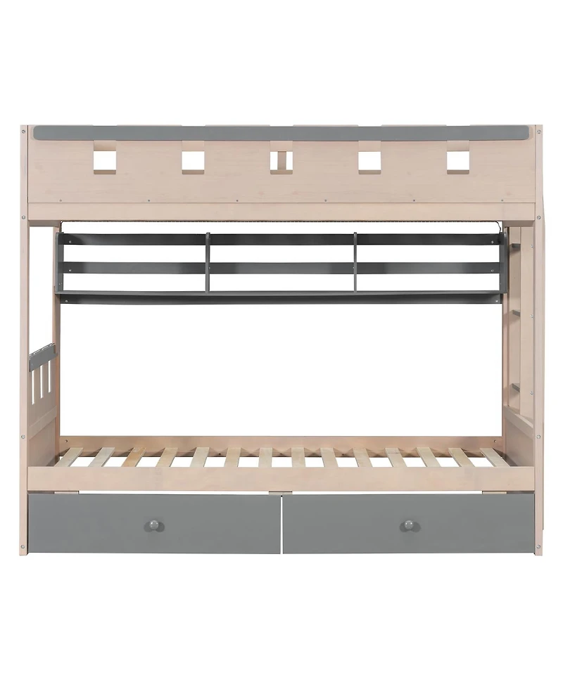 Streamdale Furniture Twin Size Castle-Style Wooden Loft Bed with Led Lights and Storage Drawers