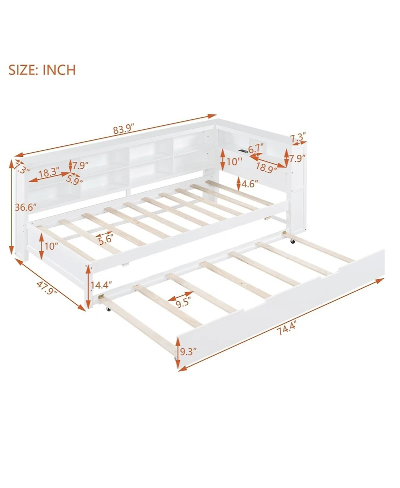 Streamdale Furniture Wooden Twin Daybed with Trundle Storage Shelf and Usb Ports