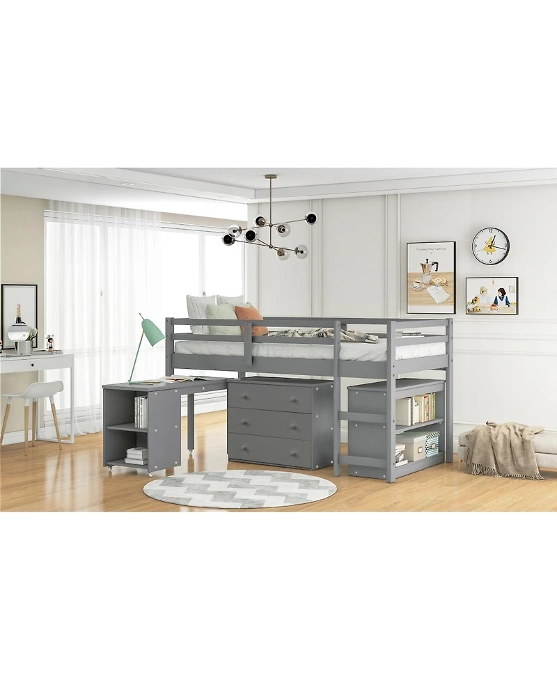 Streamdale Furniture Low Study Twin Loft Bed with Cabinet and Rolling Portable Desk