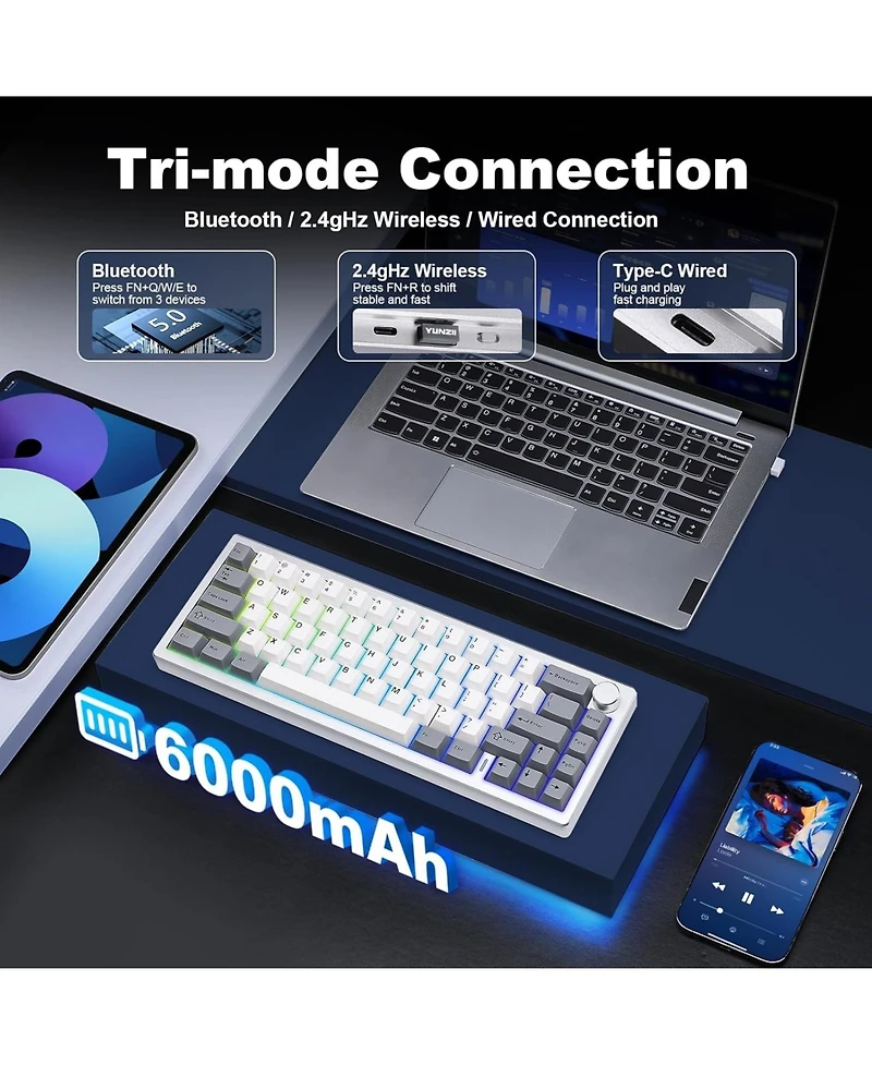 Lamicall AL68 60% Knob Tri-Mode Hot Swap Keyboard Cocoa Cream V2 Linear