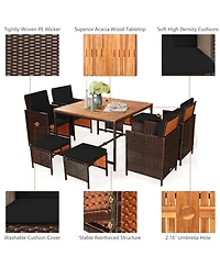 Gouun 9-Piece Wicker Patio Dining Set with Square Table, 4 Armchairs and 4 Ottomans