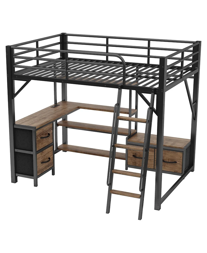 Streamdale Furniture Full Size Metal Loft Bed with Desk Storage Shelves Wardrobe and Drawers
