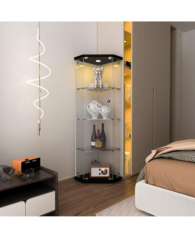 Streamdale Furniture Pentagon Glass Display Cabinet with 4 Shelves and Led Lights