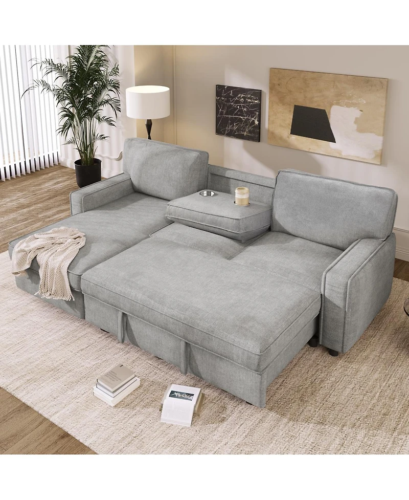 Streamdale Furniture Upholstery Sleeper Sectional Sofa with Storage Usb Port and 2 Cup Holders