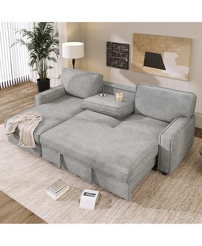 Streamdale Furniture Upholstery Sleeper Sectional Sofa with Storage Usb Port and 2 Cup Holders