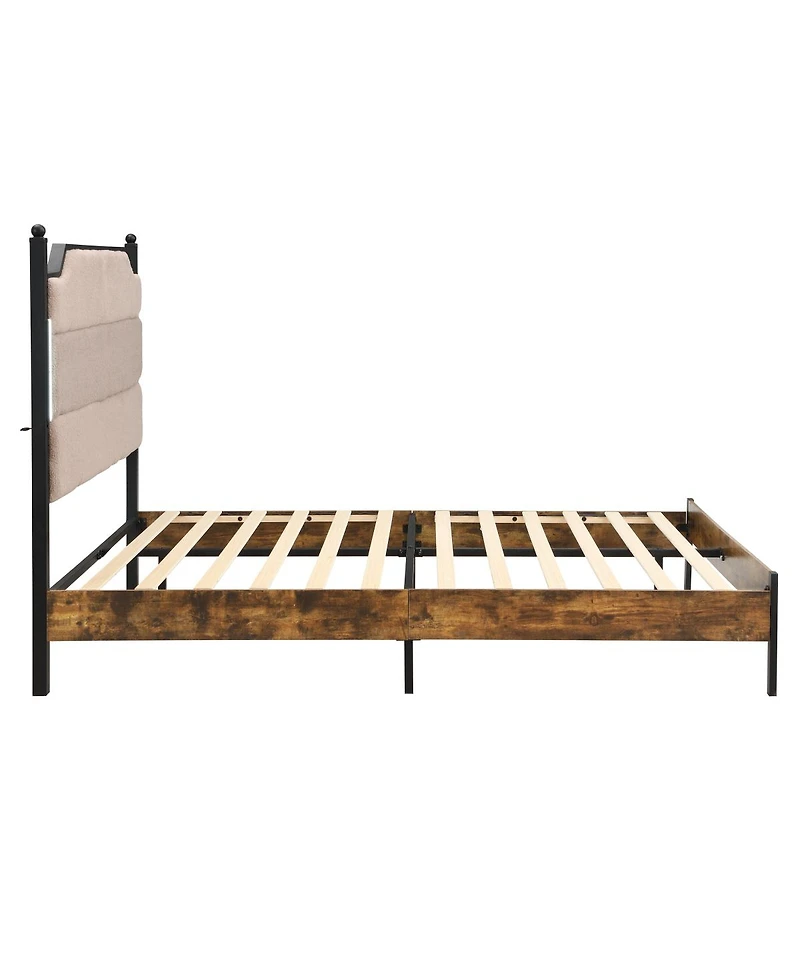 Streamdale Furniture Upholstered Queen Bed Frame with Led Lights Charging Station and Storage