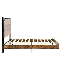 Streamdale Furniture Upholstered Queen Bed Frame with Led Lights Charging Station and Storage