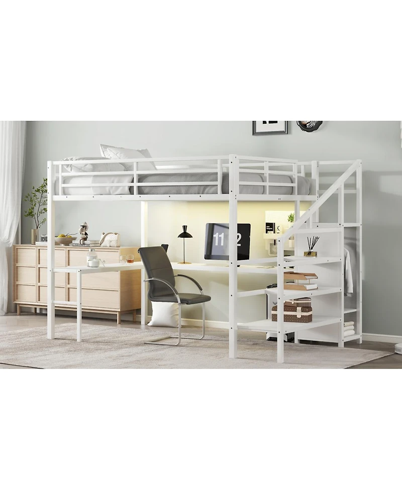 Streamdale Furniture Queen Loft Bed with L-Shaped Desk Wardrobe and Led Lights