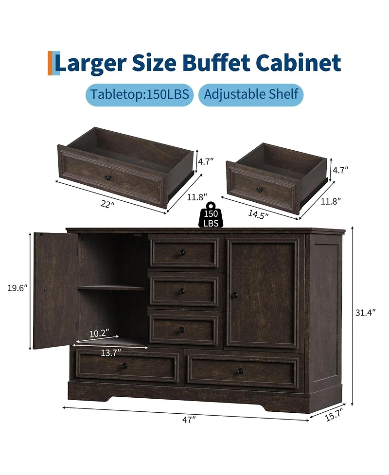 homfan Farmhouse Sideboard Buffet Cabinet with 5 Drawers and 2 Doors Coffee Bar Console Table for Dining Room Living Entryway