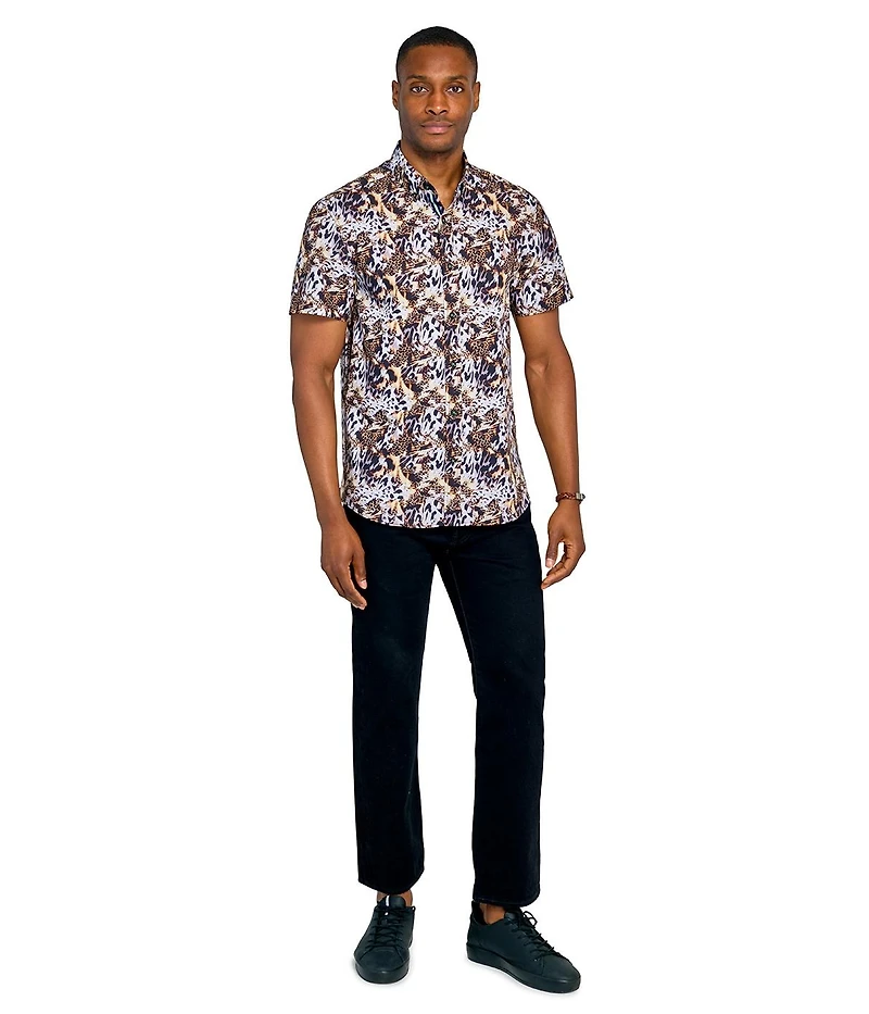 Society of Threads Men's Regular Fit 4-Way Stretch Performance Leopard Print Short Sleeve Button Down