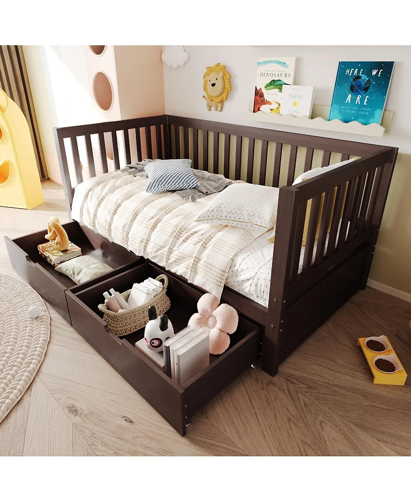 Streamdale Furniture 3-in-1 Solid Wood Convertible Toddler Bed with Storage Drawers Espresso
