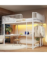 Streamdale Furniture Queen Metal Loft Bed with L-Shaped Desk Led Lights and Charging Station