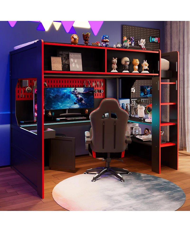 Streamdale Furniture Twin Gaming Loft Bed with Desk Lights and Charging Station