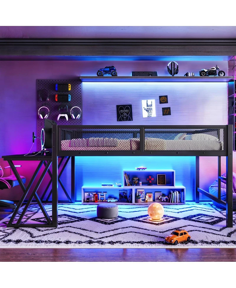 Streamdale Furniture Full Size Gaming Loft Bed with Desk Led Lights Usb Ports and Staircase