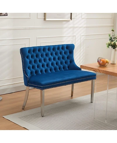 Streamdale Furniture Velvet Tufted Double Dining Loveseat Bench with Brushed Silver Legs