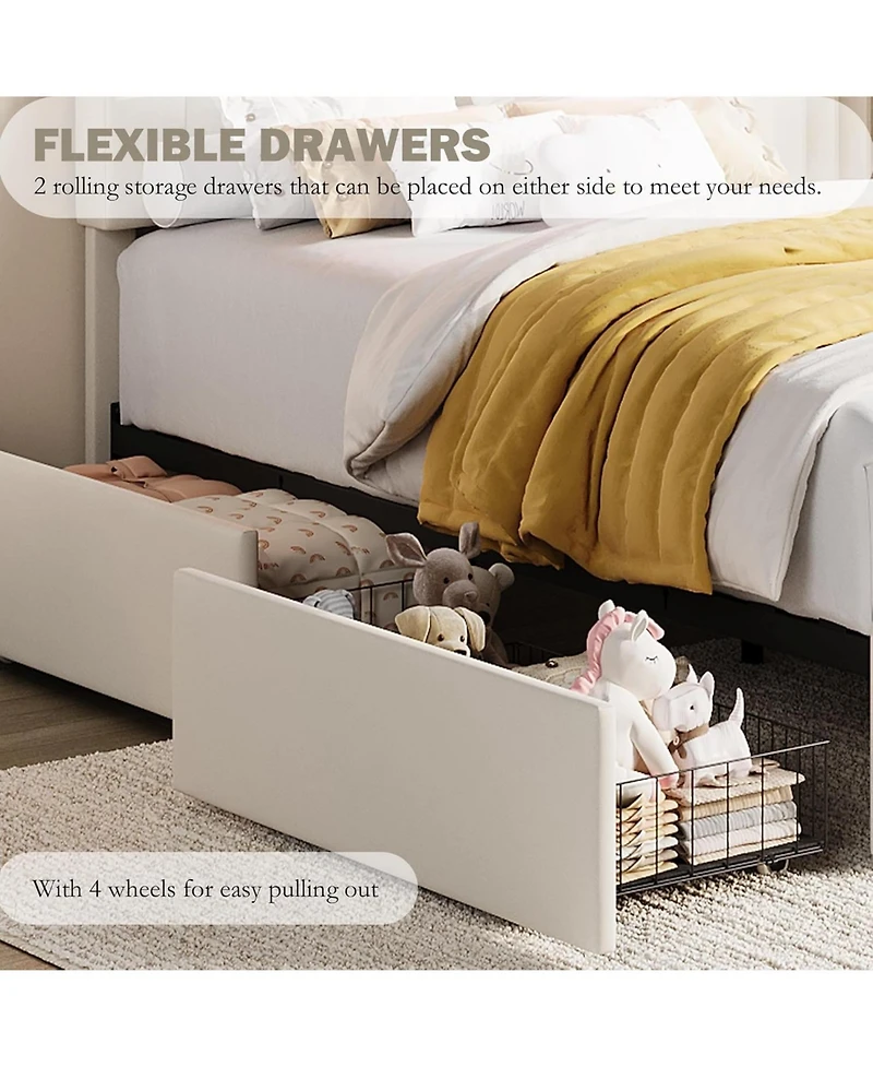 gaomon Twin Size Bed Frame with 2 Flexible Drawers, Upholstered Platform Bed Frame with Bookcase Headboard and Led Lights, Kids Bed