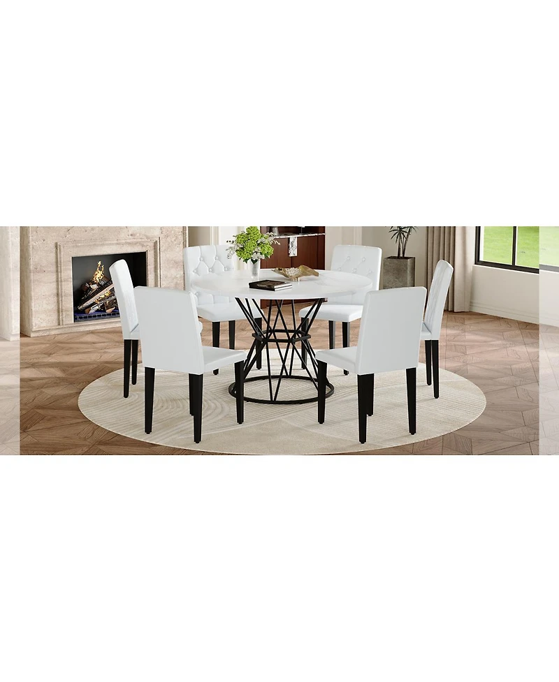 Streamdale Furniture 47.3 inch Circular Mdf Dining Table with 6 Ergonomic Pu Chairs