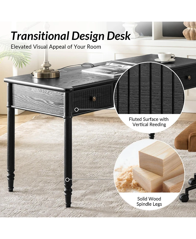 Hulala Home Antoinette 60''W Transitional Fluted Simple Assembly Desk with Charging Station