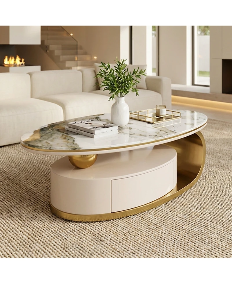 Streamdale Furniture 51.18'' Luxury Oval Coffee Table with Drawer Glass Top and Gold Stainless Frame