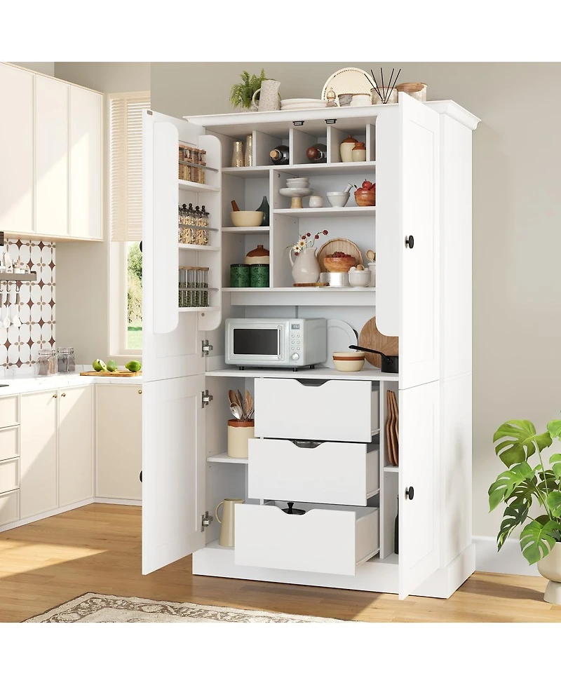 Streamdale Furniture Tall Freestanding Kitchen Pantry Cabinet with 4 Doors 3 Drawers and Wine Racks