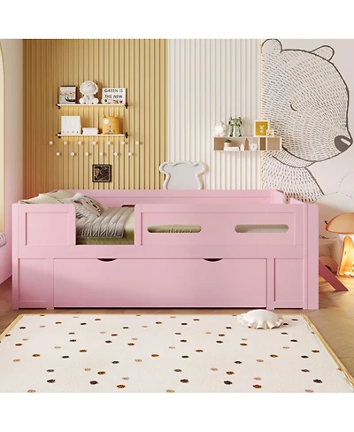 Streamdale Furniture Wood Twin Size Platform Bed with Guardrail and Drawer