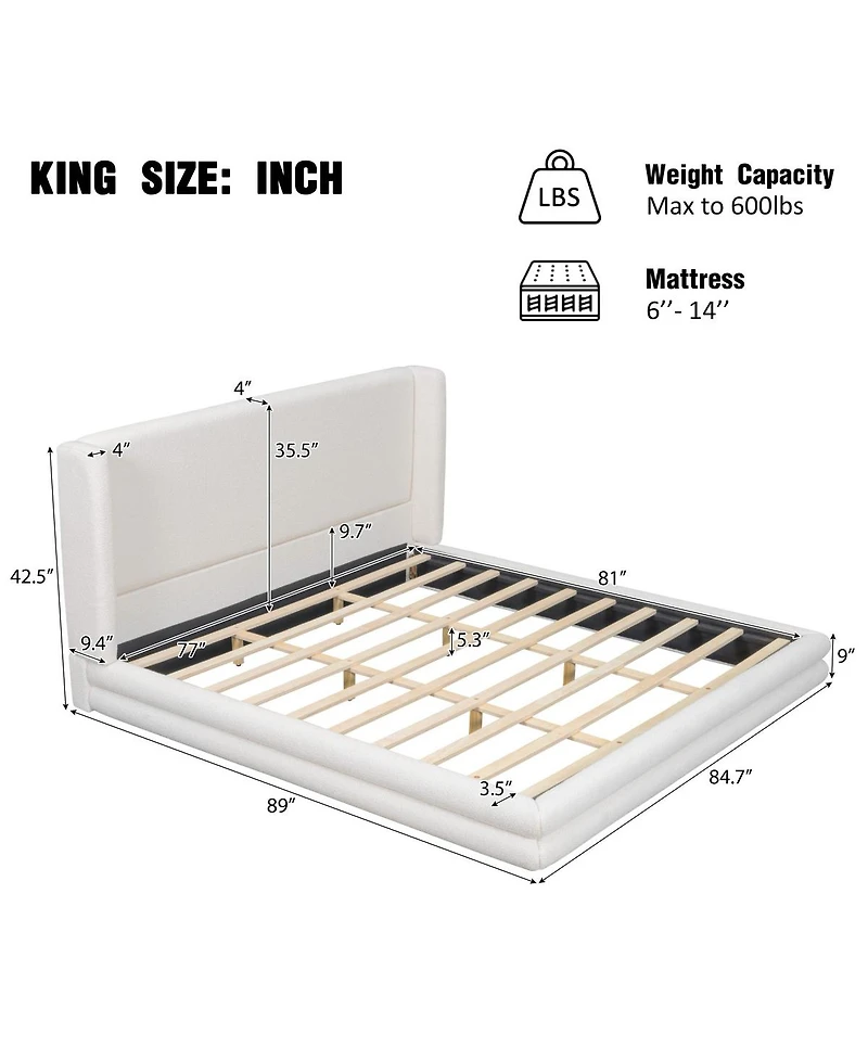 Streamdale Furniture King Size Upholstered Bed Frame With Boucle Thick Wingback Headboard