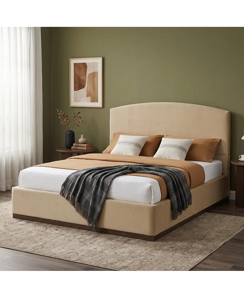 Streamdale Furniture Queen Size Velvet Upholstered Bed Frame with Thick Headboard Camel
