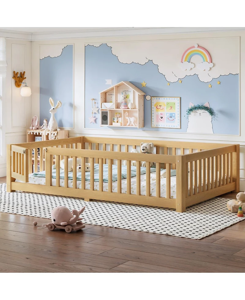 Streamdale Furniture Full Size Bed Floor Bed with Safety Guardrails and Door for Kids