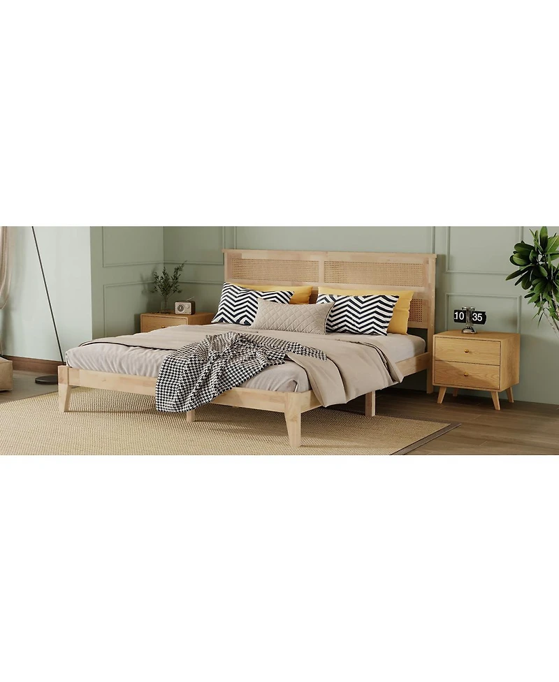 Streamdale Furniture King Size Solid Wood Bed with Rattan Headboard and Central Support
