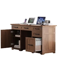 Streamdale Furniture 5'' Farmhouse Executive Desk with Charging Station 5 Drawers and Cabinet Walnut