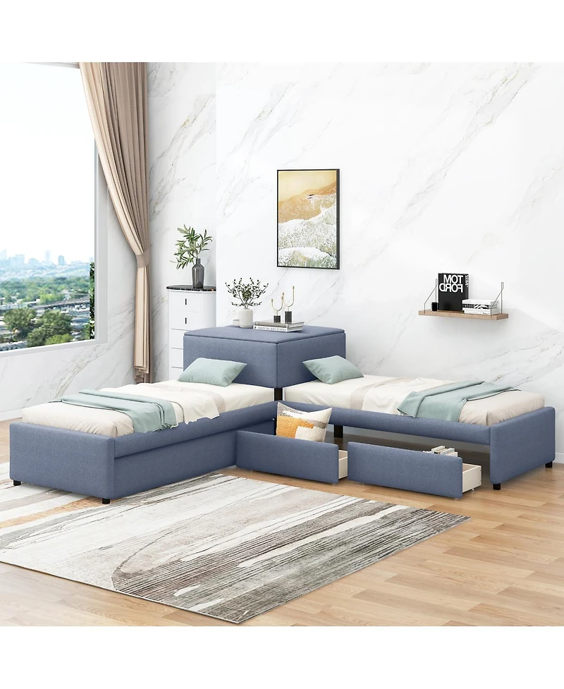 Streamdale Furniture L-Shaped Twin Upholstered Platform Bed with Trundle Drawers
